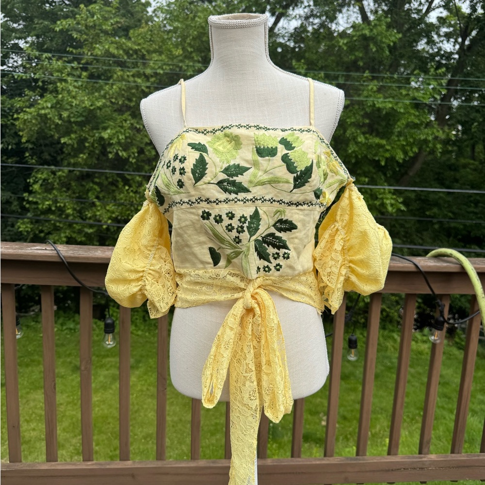 Y2K Cache Luxe Linen Yellow & Green Embroidered Lace Blouse with Off Shoulder